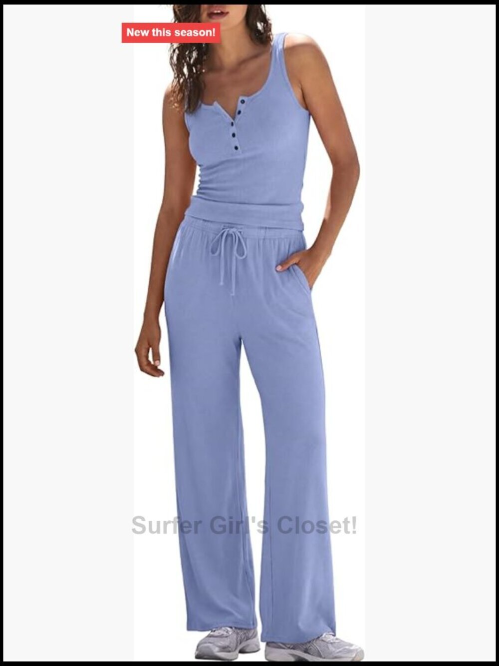 2 Piece Lounge Set Henley Crop Tank Wide Leg Pants Sleeveless Sweatsuit